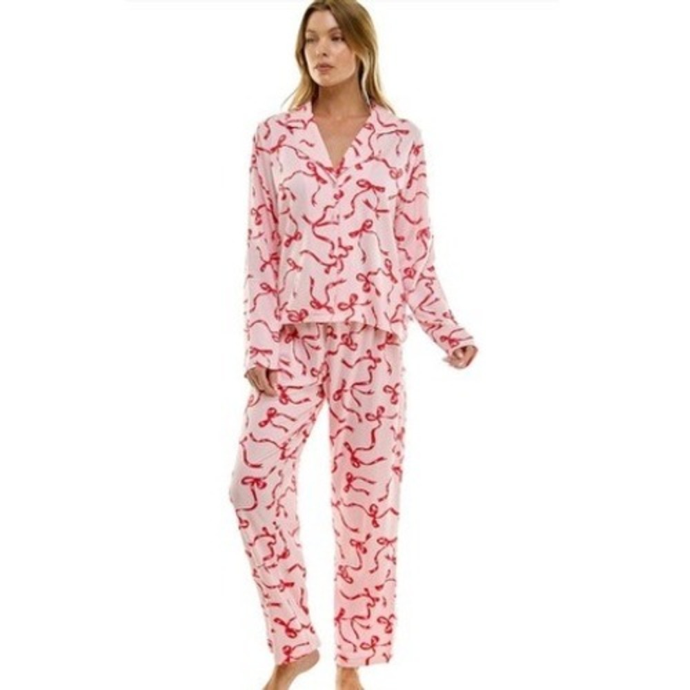 Sincerely Jules Women Pink Red Bow Pajama Set Long Sleeve Button Down M New